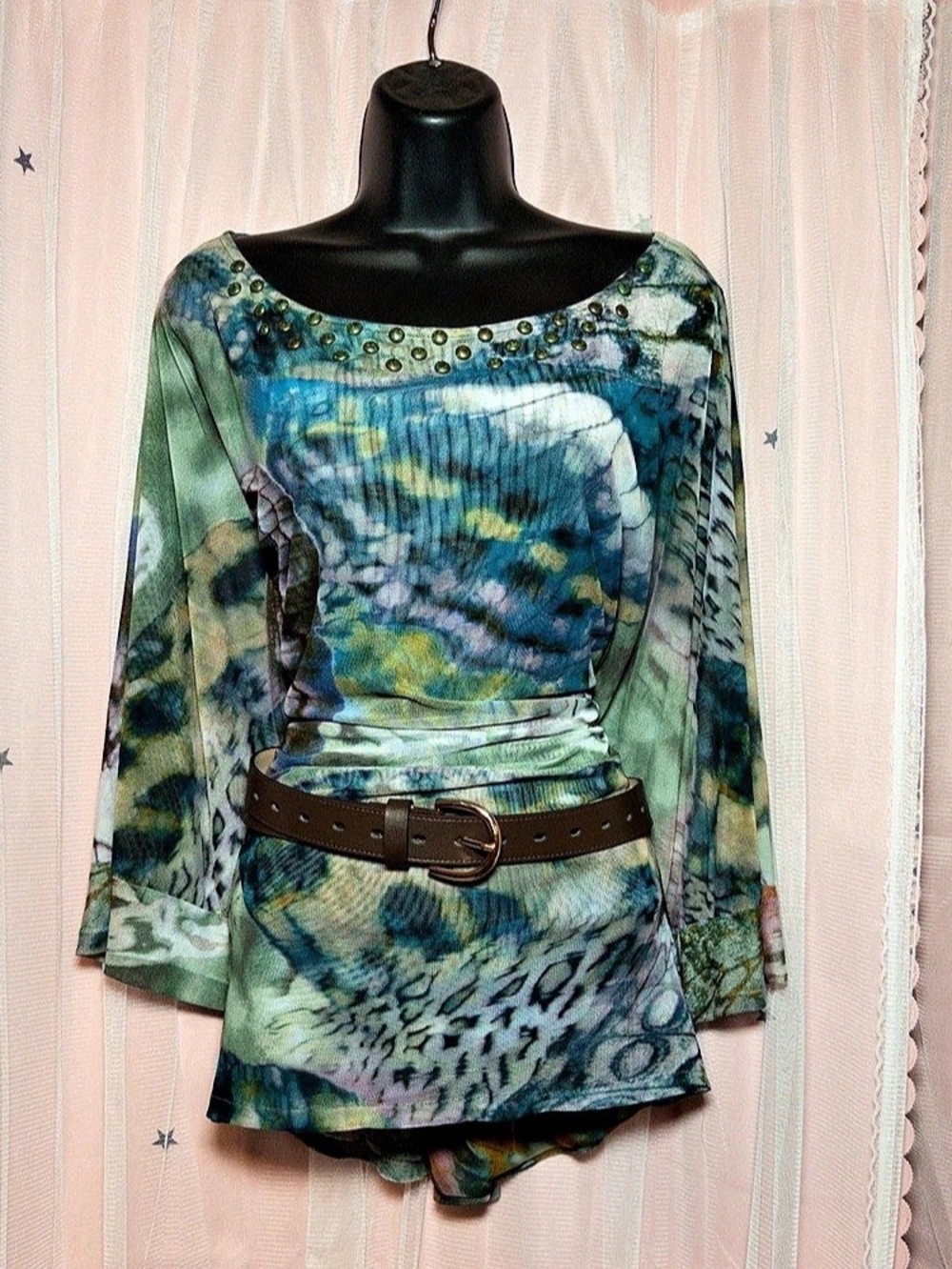 Alberto Makali Abstract Print Embellished Tunic in Green & Blue Large Y2K